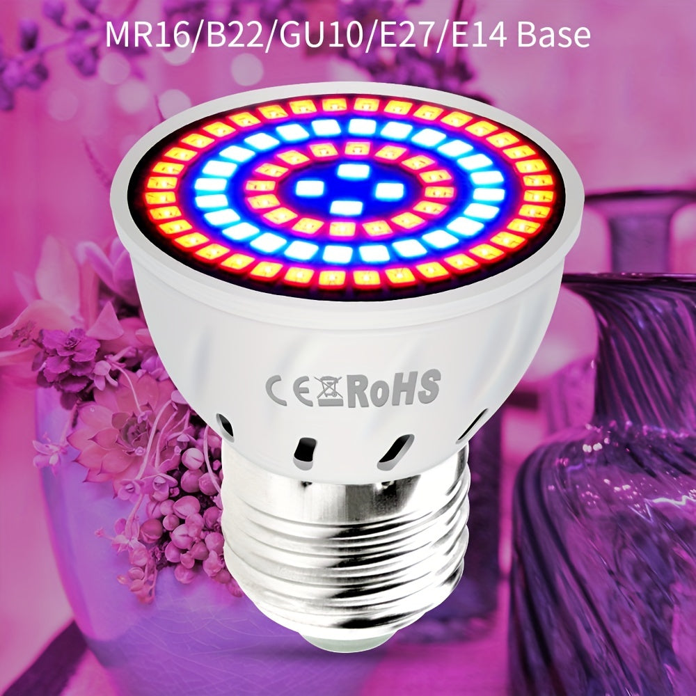 LED grow light bulb with full spectrum, 220V, compatible with E27 & GU10, suitable for indoor plants, hydroponics, succulents, and seedlings. Has UV IR for plant growth, available in red