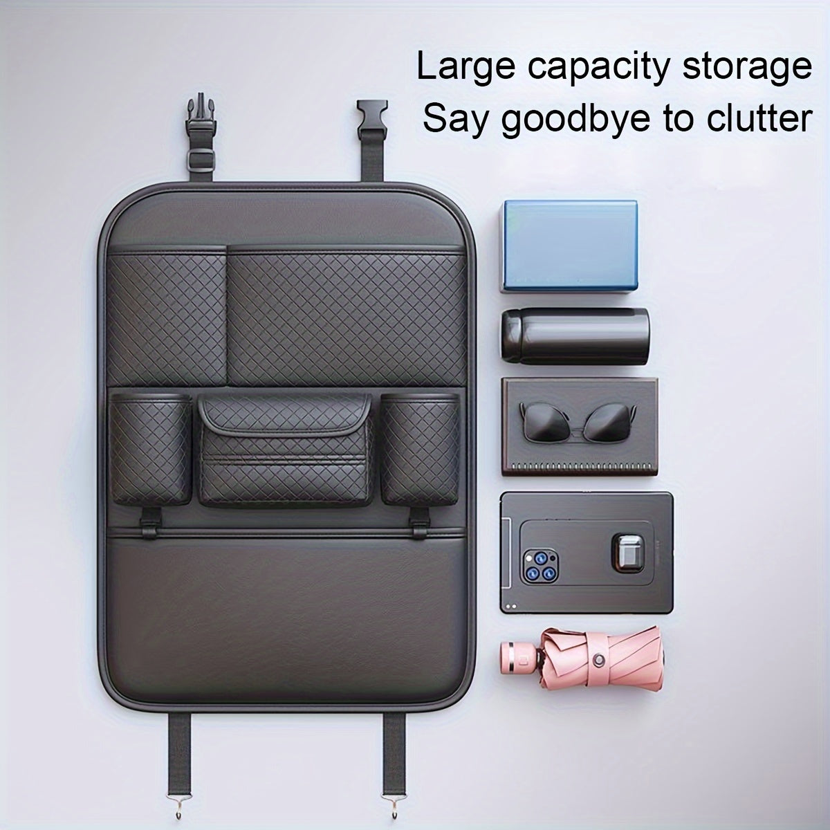 Ling Grid Backrest Storage Bag: Large Capacity PU Leather Car Seat Organizer