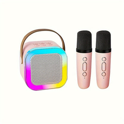 Portable wireless karaoke speaker with 1-2 microphones, dynamic lights, ideal for birthdays, home KTV, outdoor activities, and travel.