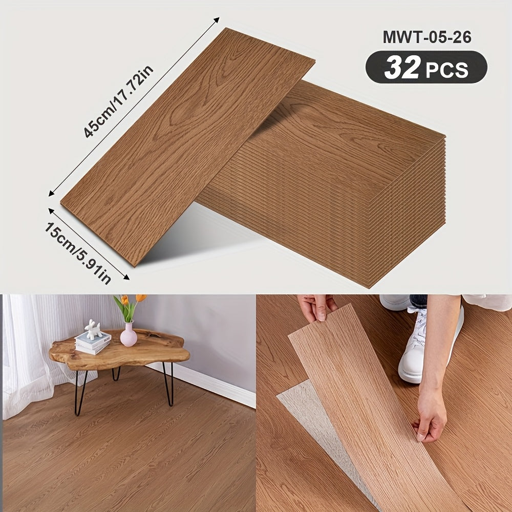 32 peel and paste floor tiles with wood grain design, 45cmx15cm, self-adhesive, waterproof, suitable for bedroom and home decor.