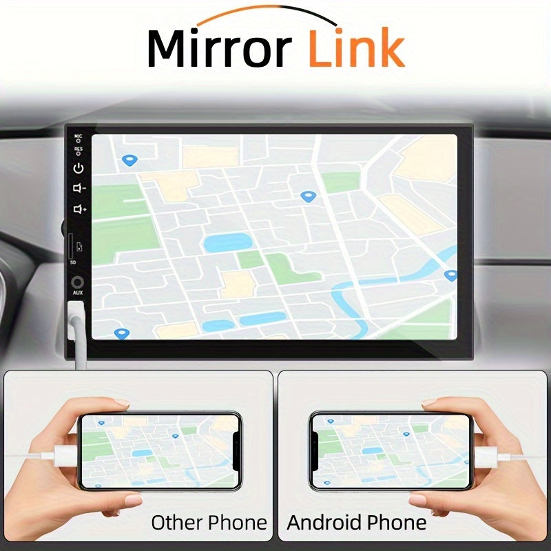 Car MP5 radio with CarPlay and AndroidAuto support, 7-inch HD touch screen, MirrorLink connection for phone mirroring, GPS navigation, wireless multimedia player, optional reverse camera