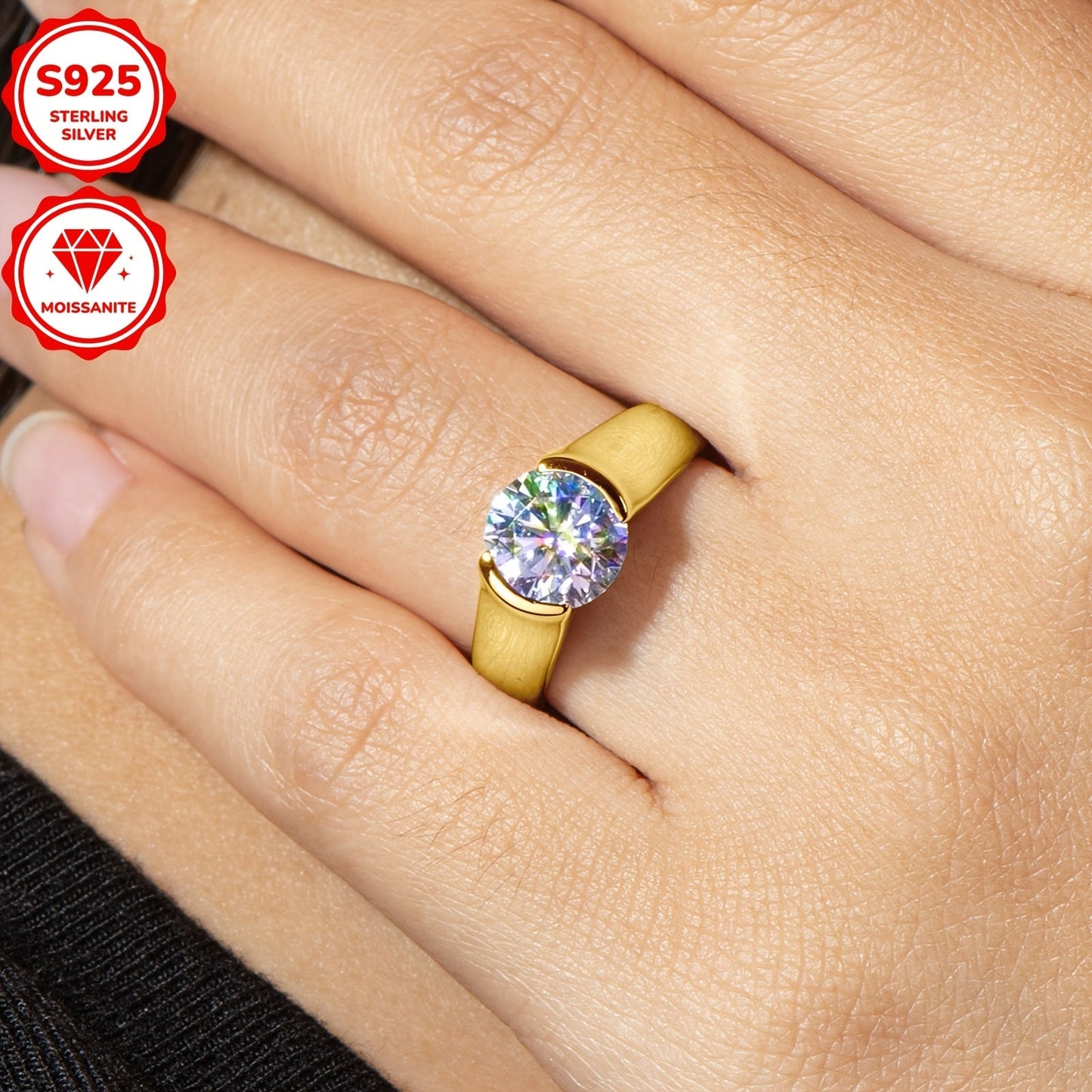 Stunning 2CT Round Moissanite Engagement Ring in Classic Style, Crafted from 925 Sterling Silver with 18K Golden Plating. Features a Synthetic April Birthstone in a Single Stone Setting, Perfect for Weddings, Vacations, and as a Valentine's Day Gift. A