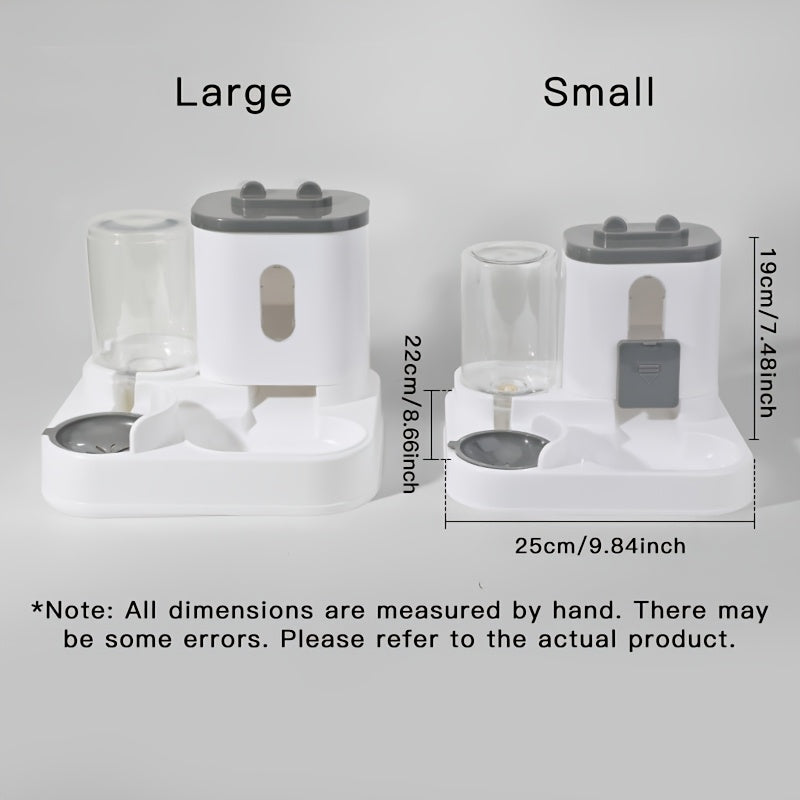 Dual bowl ergonomic cat feeder and water dispenser set made of plastic for cats, featuring automatic food and water feeding for neck-friendly use.