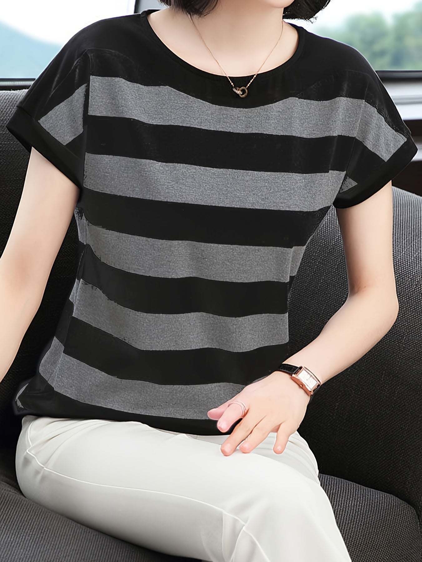 Striped print crew neck t-shirt, casual cap sleeve t-shirt for spring & summer, women's clothing