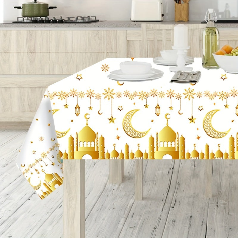 Eid Mubarak plastic table cover for Ramadan parties, 220x130cm, machine-made weave, perfect for Eid Al-Fitr celebrations.