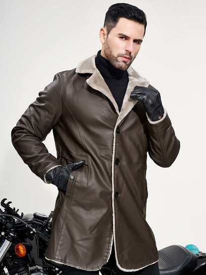 Men's mid-length jacket with plush collar and cuffs, button-up front, long sleeves, black, machine washable.