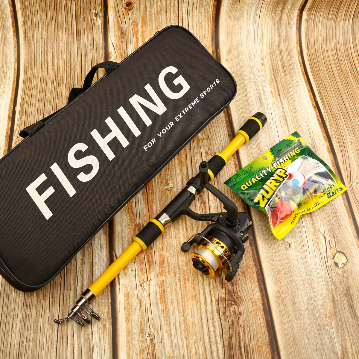 Compact fishing kit includes telescopic rod, pre-spooled reel, soft bait set, and carry case. Medium fast action, glass steel design suitable for various fishing locations. Great gift idea