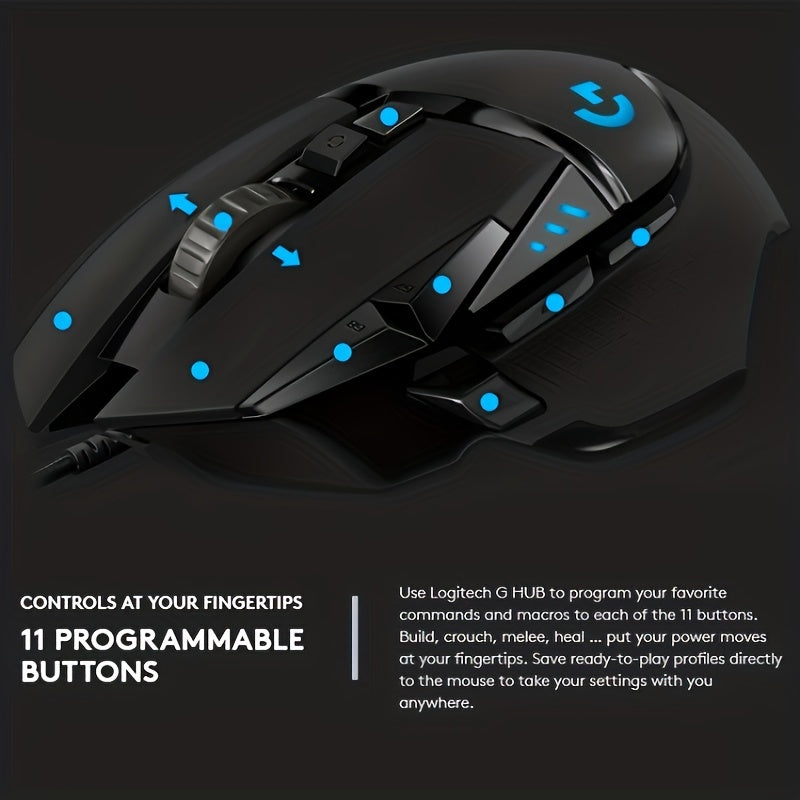 Logitech Hero Wired Gaming Mouse: Optical tracking, right-handed design, and 11 programmable buttons for PC gamers.