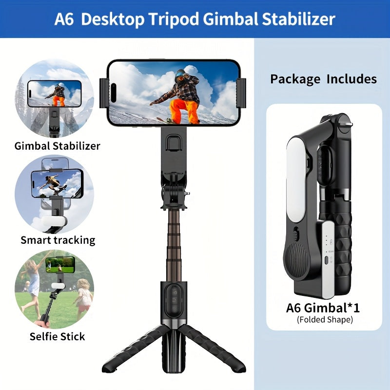 QAML A6 2025 Handheld Gimbal Stabilizer with Selfie Stick Tripod Stand, Wireless Remote, USB Charging, ABS Material, Compatible with iPhone & Android Devices.