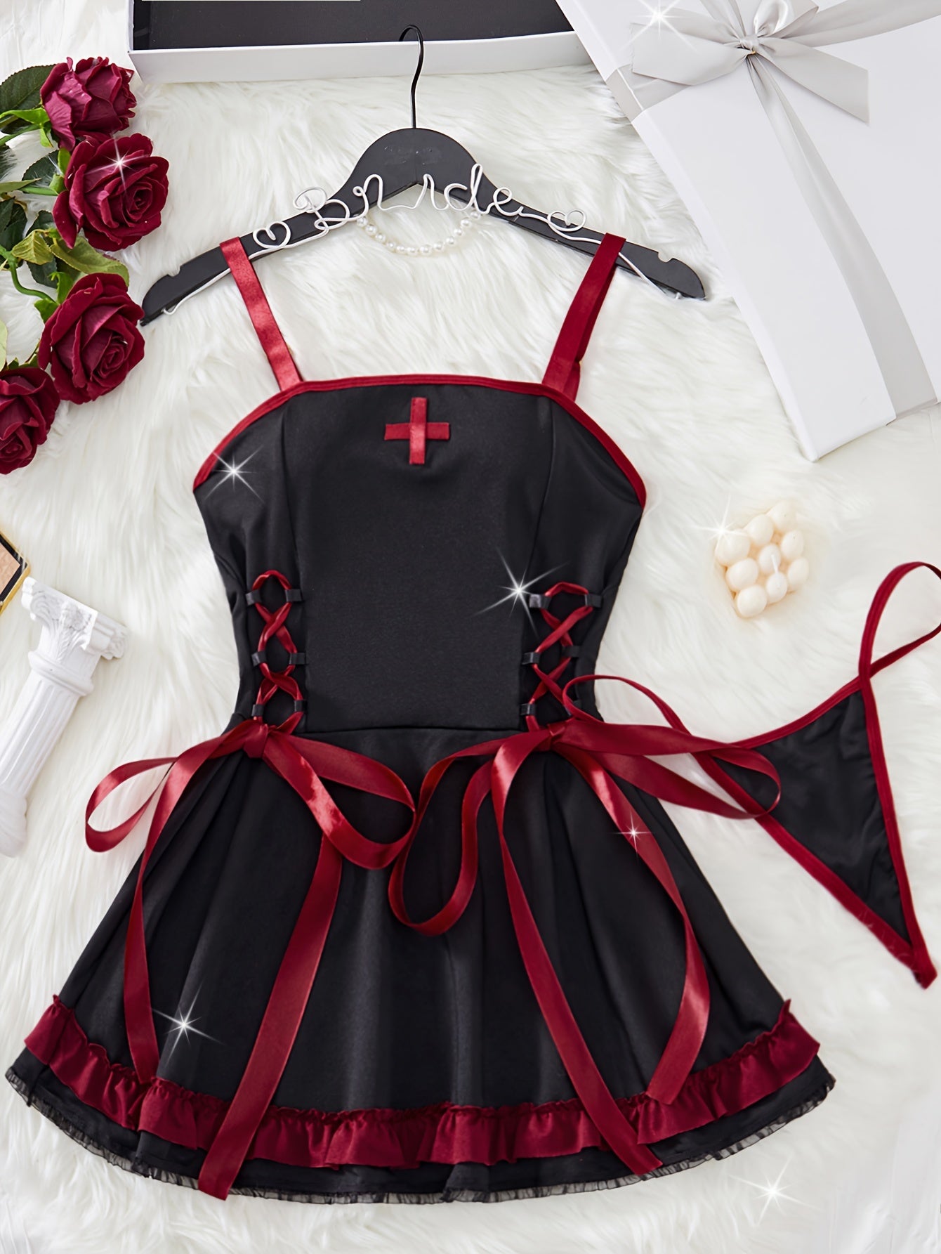 Two-piece Nurse Cosplay Costume: Camisole Mini Dress with Drawstring and Pleated Skirt, includes Sexy Panty.