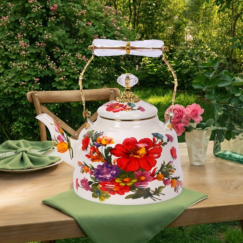 Vintage Floral Design Enamel Tea Kettle with Handle - Large Capacity Stovetop Teapot for Classic Afternoon Tea in the Garden, Handcrafted with Traditional Expertise - Non-Electric