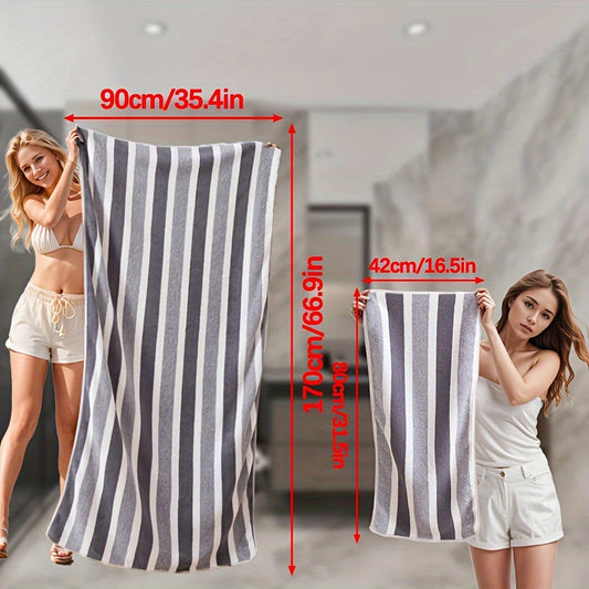 1 piece extra large microfiber bath towel, size 89.92x170.18cm/41.91x80.01cm, modern striped knit fabric, super absorbent 300gsm, soft & shed-free for hotel, travel, sports, home use.