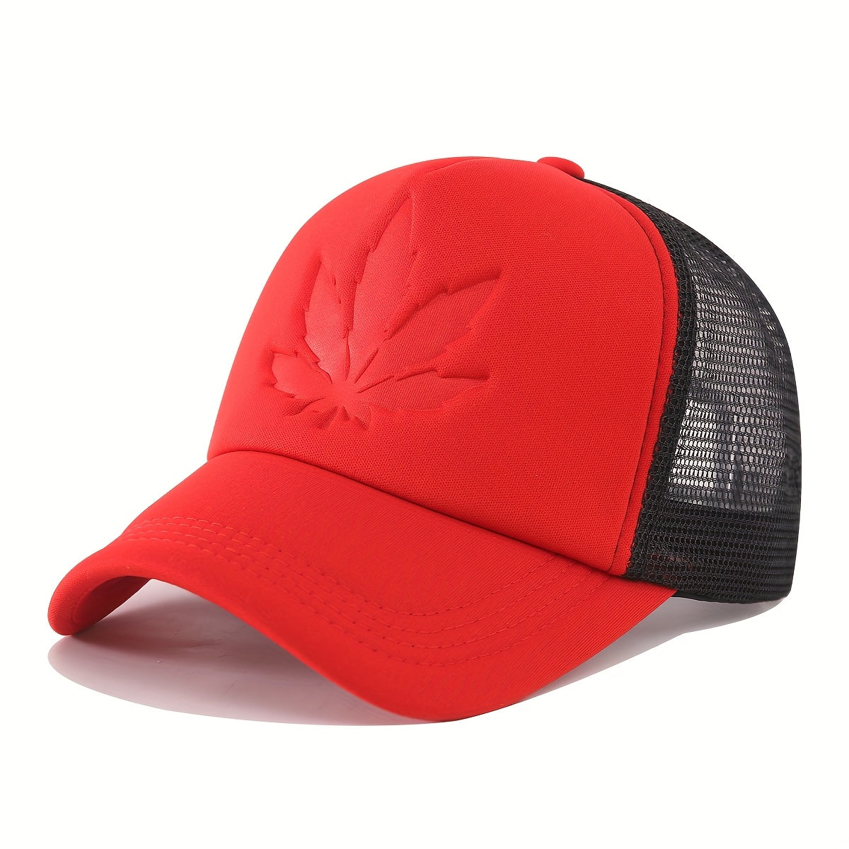 OKOIUM Maple Leaf Embossed Baseball Cap - Breathable mesh back, polyester, casual style for outdoor sports, available in black, blue, red.