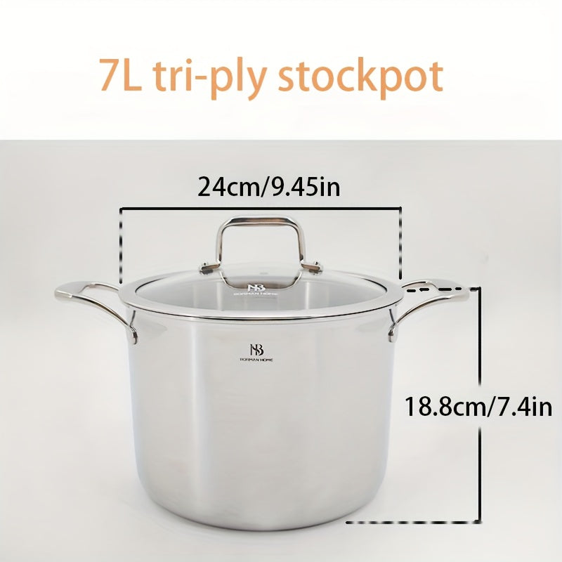 One 7L Stainless Steel Stockpot with Glass Lid - 304 Triple-Layer Deep Cooking Pot, Ideal for Large Size Kitchen Cookware, Suitable for Electric, Induction, and Gas Stovetops - Includes 1 Pot