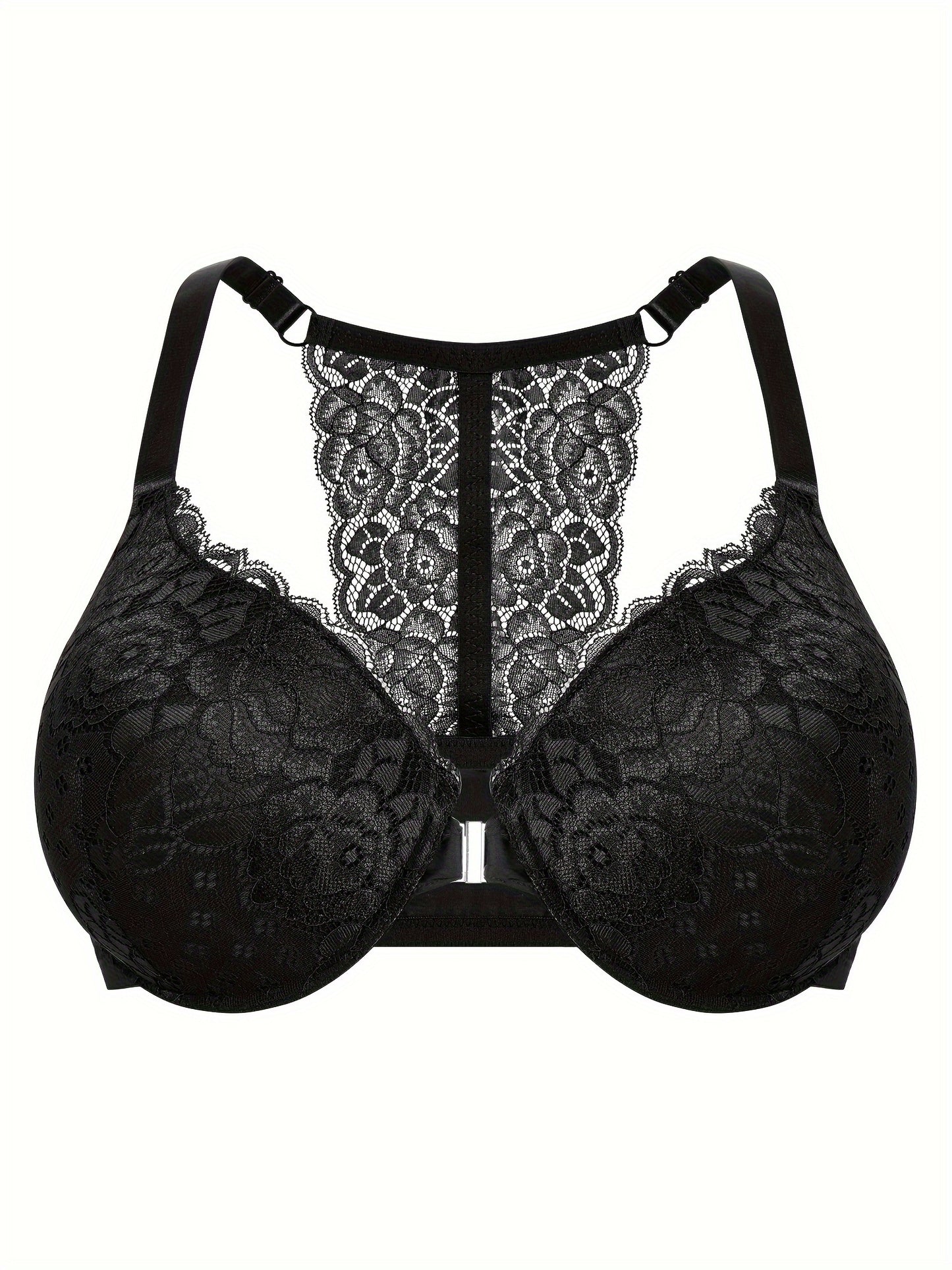 2 plus-size lace front closure bras for women with sexy racerback design, lightly padded and underwire support. Ultra-soft, lightweight, and comfortable for casual wear.