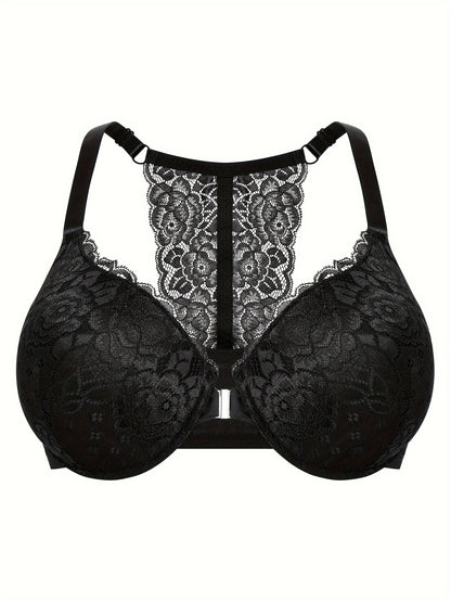 2 plus-size lace front closure bras for women with sexy racerback design, lightly padded and underwire support. Ultra-soft, lightweight, and comfortable for casual wear.