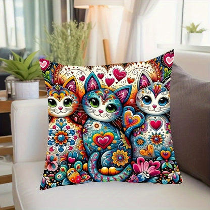 Bohemian style cat & floral print pillow case, 44.96cm x 44.96cm, with zip closure. Vibrant home decor accent, machine washable. Ideal for living room and bedroom.