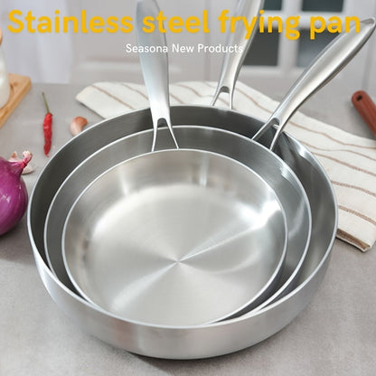 Introducing our Three-layer Stainless Steel Uncoated High-edge Flat-bottom Frying Pan, now available in multiple sizes. Ideal for frying and cooking on various stoves, this pan is thick, durable, and dishwasher safe. A healthy kitchen utensil option for