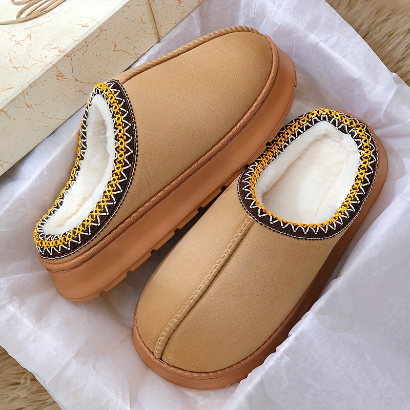 Warm and stylish beige flannel slippers for women with plush lining and striped cuff detail, suitable for indoor and outdoor wear.