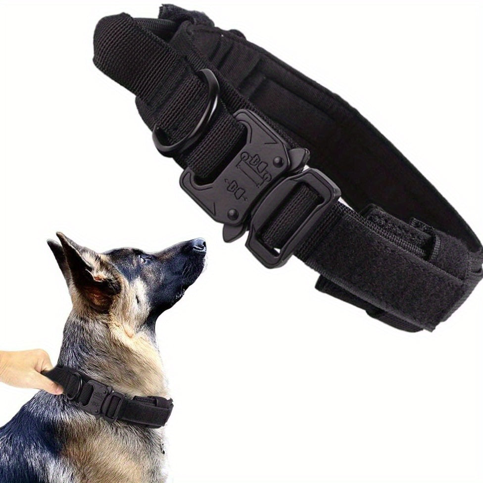 Adjustable tactical dog collar with heavy-duty metal buckle for training and walking.