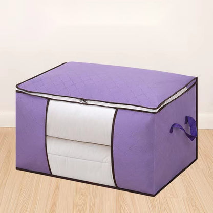 Large capacity storage bag for quilts, household clothes, and RV use. Foldable and non-woven material.