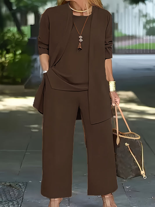 Stylish women's brown two-piece set featuring a long sleeve open front cardigan and wide-leg pants made from a polyester blend, machine washable, ideal for everyday elegance.