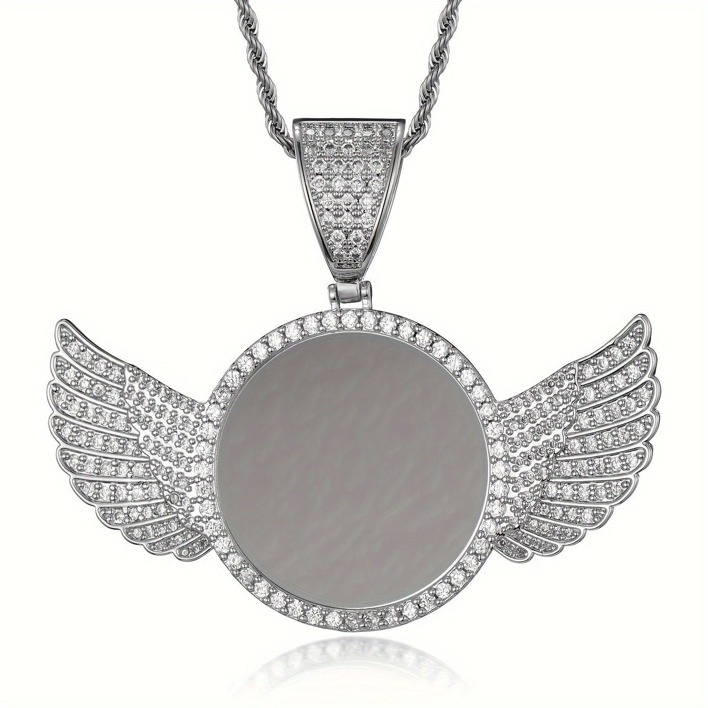 Customizable Photo Pendant Necklace in Hip Hop Style for Men and Women, featuring a Round Wing design in Gold Plated Zirconia for a fashionable look.