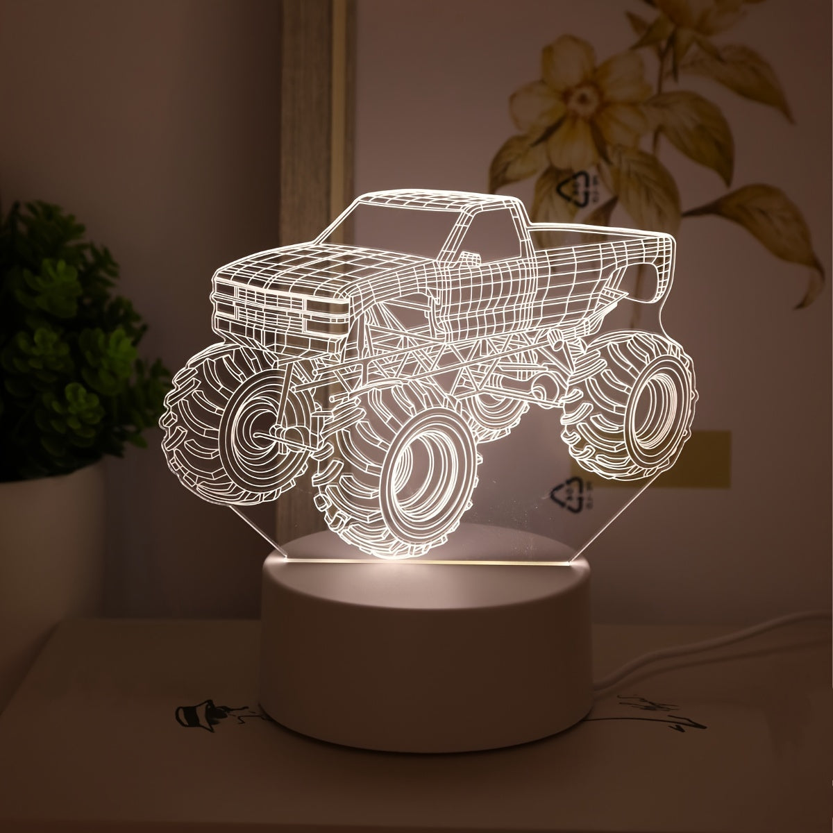 Modern Monster Truck 3D Illusion Table Lamp, Touch Control Night Decor, USB Powered Desk Accent with Integrated LED Source.