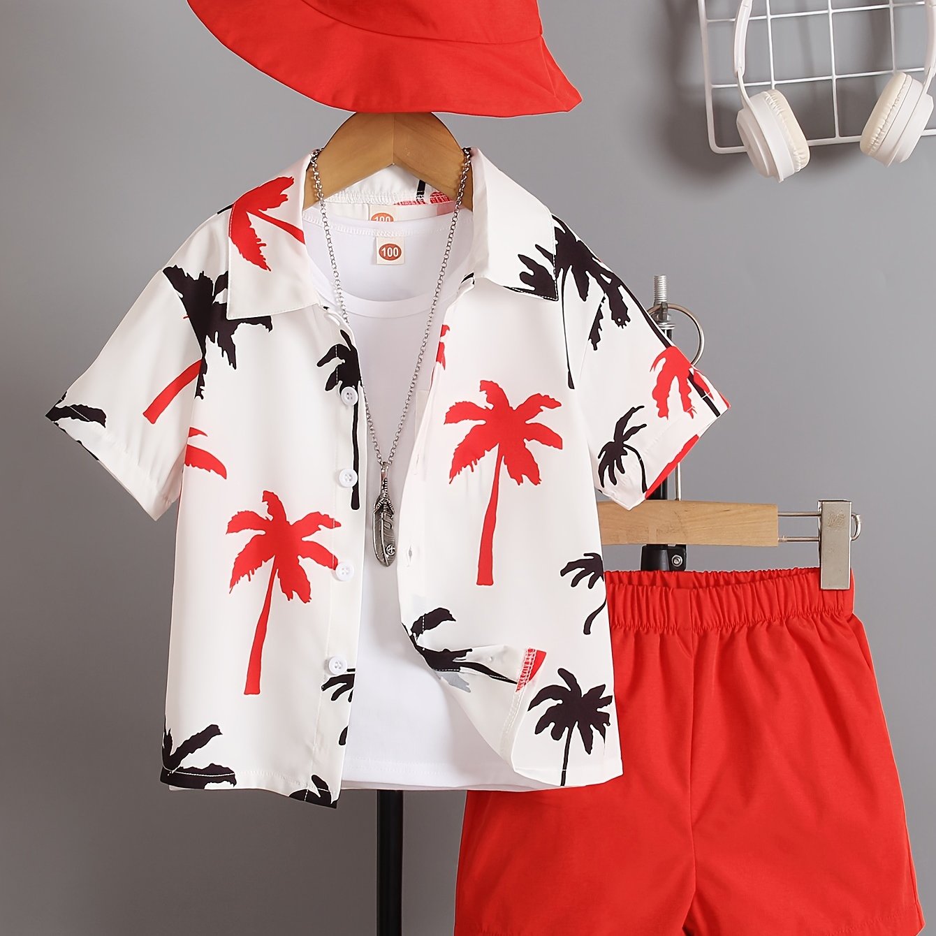 Boys' summer set with coconut tree design shirt, shorts, and hat for daily and outdoor wear