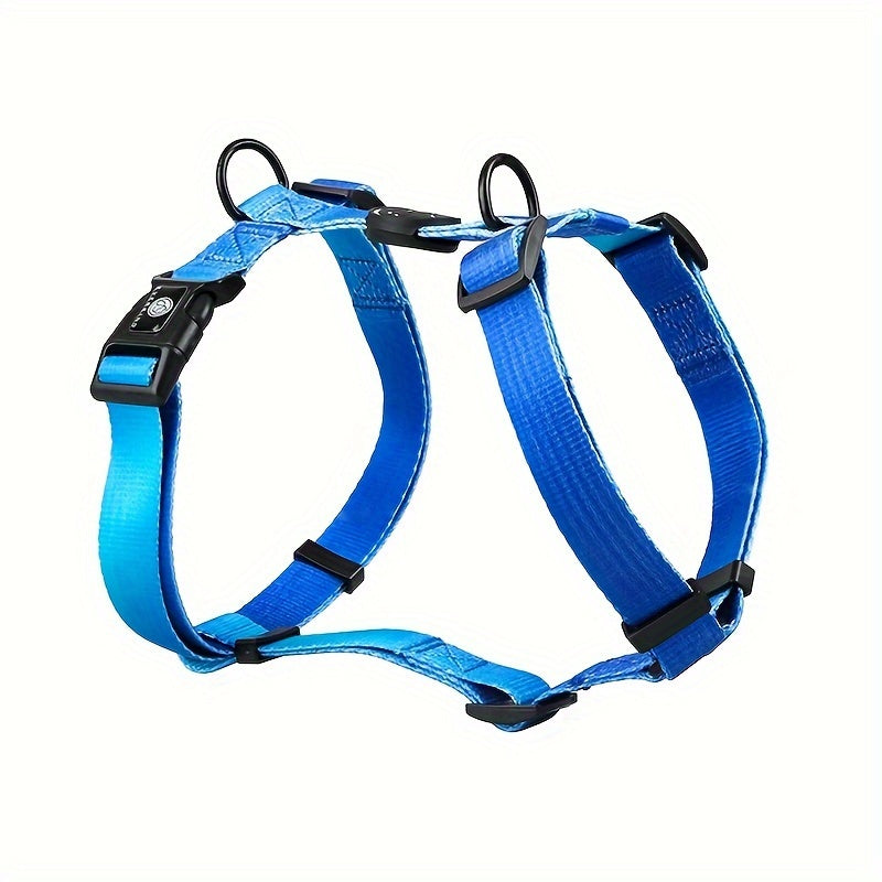 Adjustable and durable dog harness for small to medium dogs with gradient pastel design. Features secure buckle, handle, and polyester material. Ideal for outdoor activities. Hand-wash only.