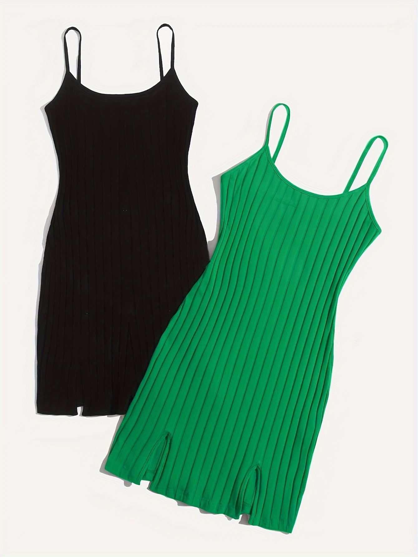 Two solid ribbed lounge dresses with a casual crew neck, split slip design for women's loungewear.