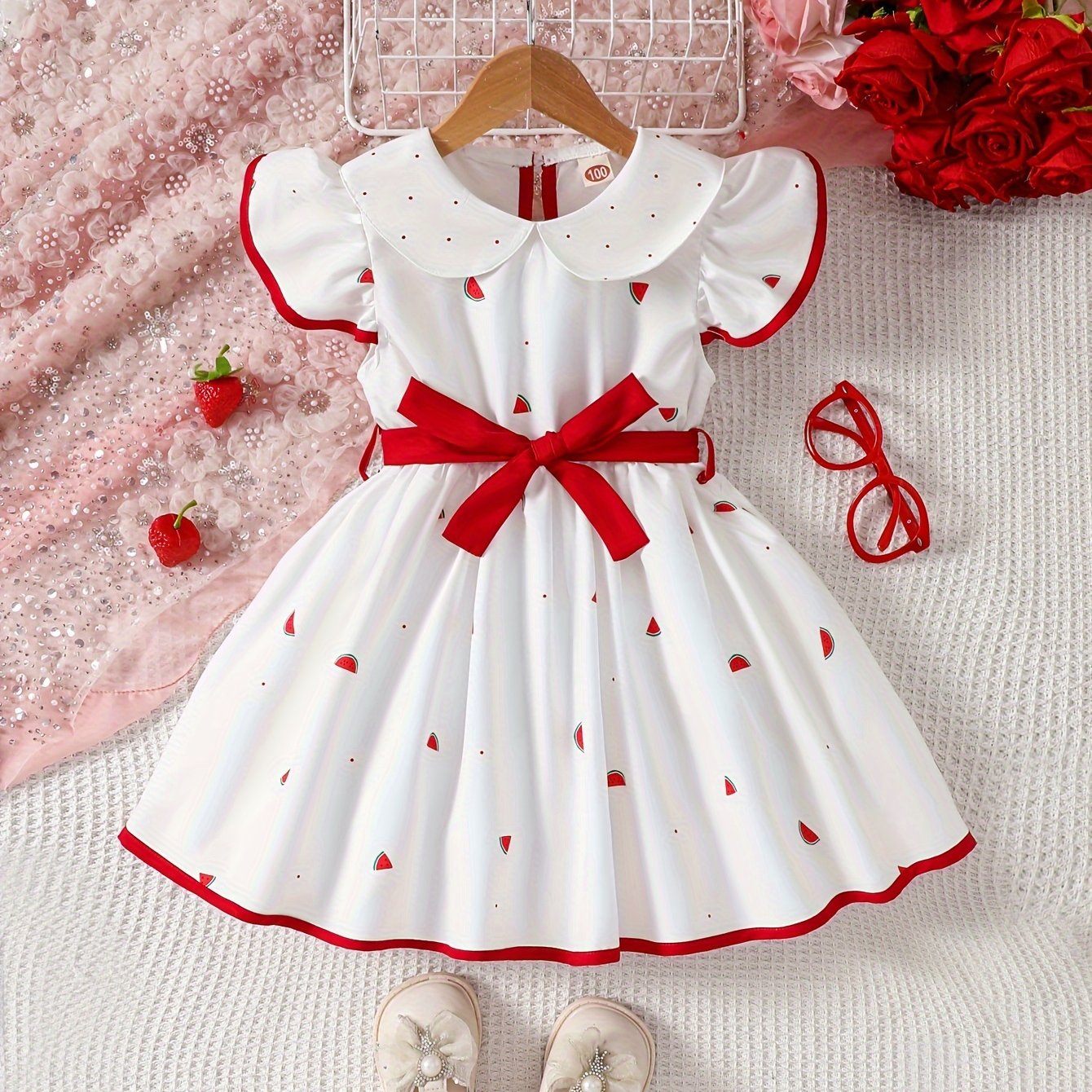 Girls' sleeveless strawberry print dress with ruffle hem, red belt - casual polyester, machine washable - ideal for summer.