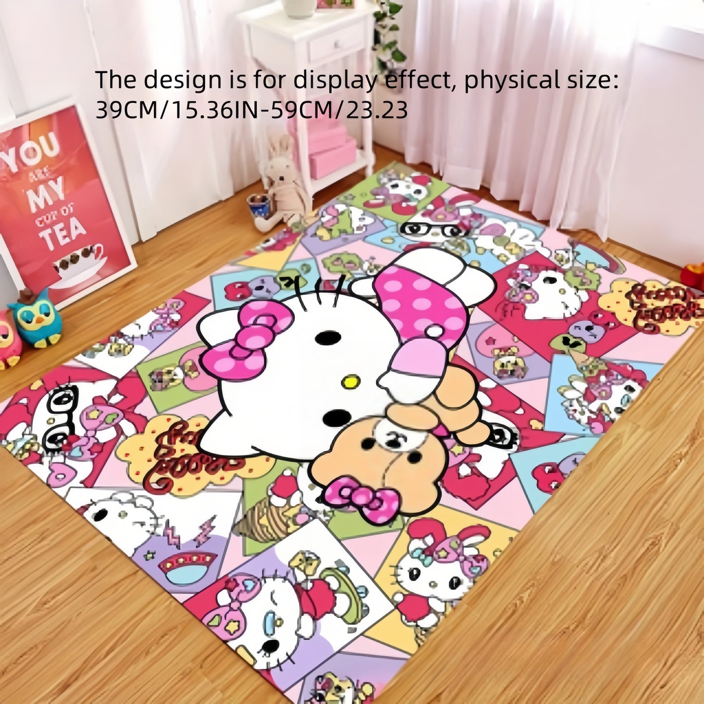 Soft and magical Sanrio Hello Kitty plush rug made of non-slip polyester, perfect for bedroom and living room decor. Hand wash recommended.