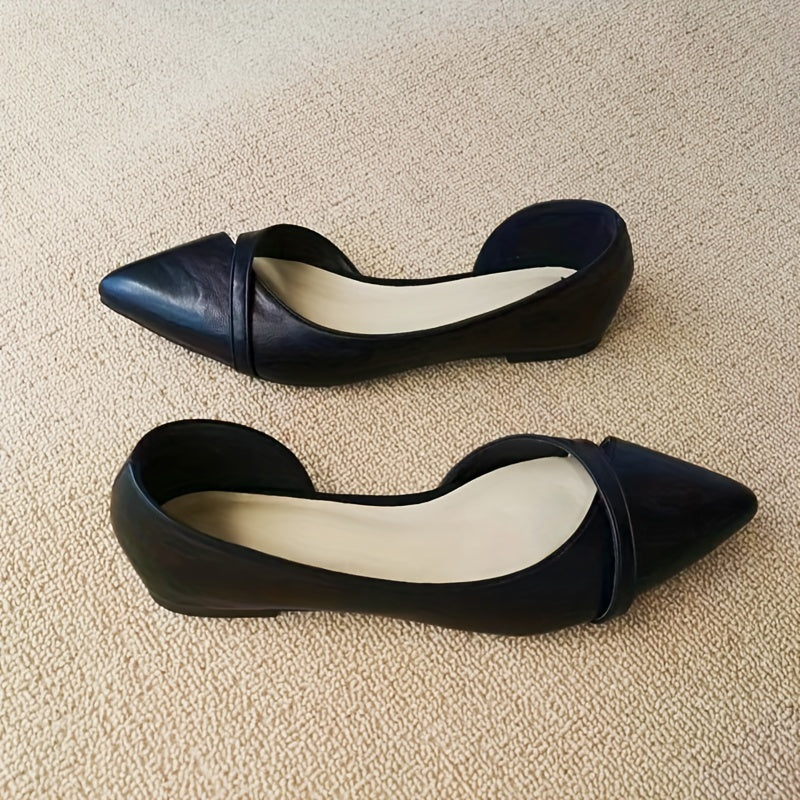 Women's black pointed-toe flats with side cut-out design, soft PU cover upper, lightweight PVC sole, comfortable slip-on shoes for all-day wear. Ideal for everyday wear. Minimalist and cute.