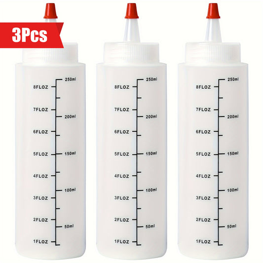 3 plastic squeeze bottles, 250ml each, for kitchen use