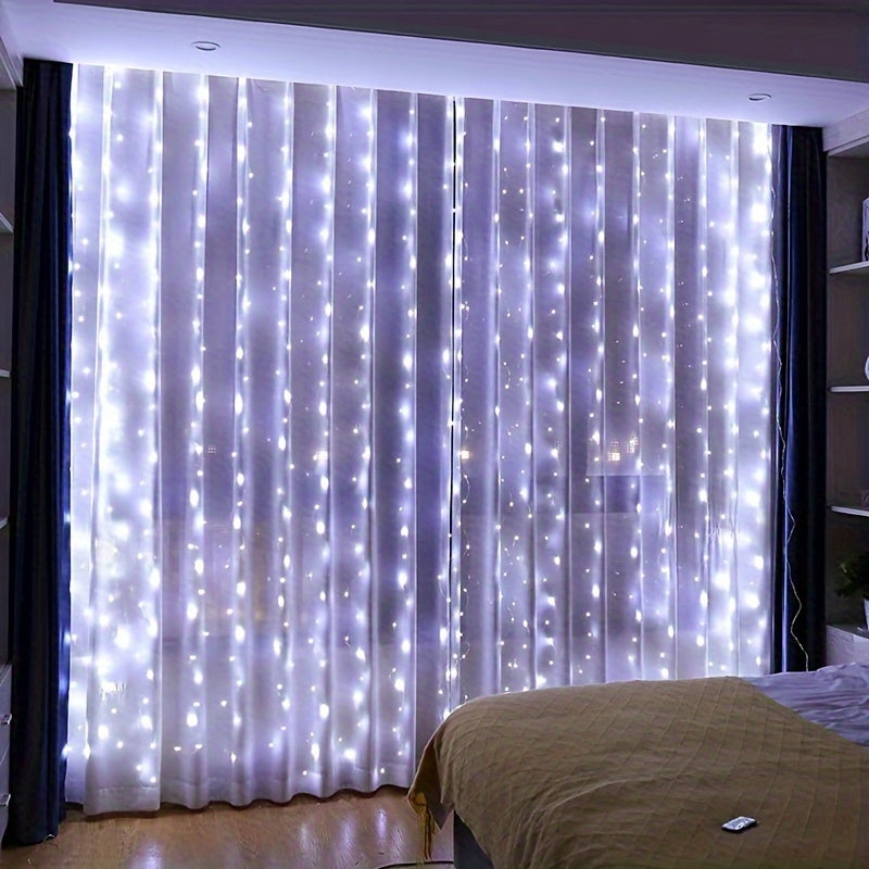 LED curtain string lights with remote control, perfect for New Year, Christmas, parties, and weddings.