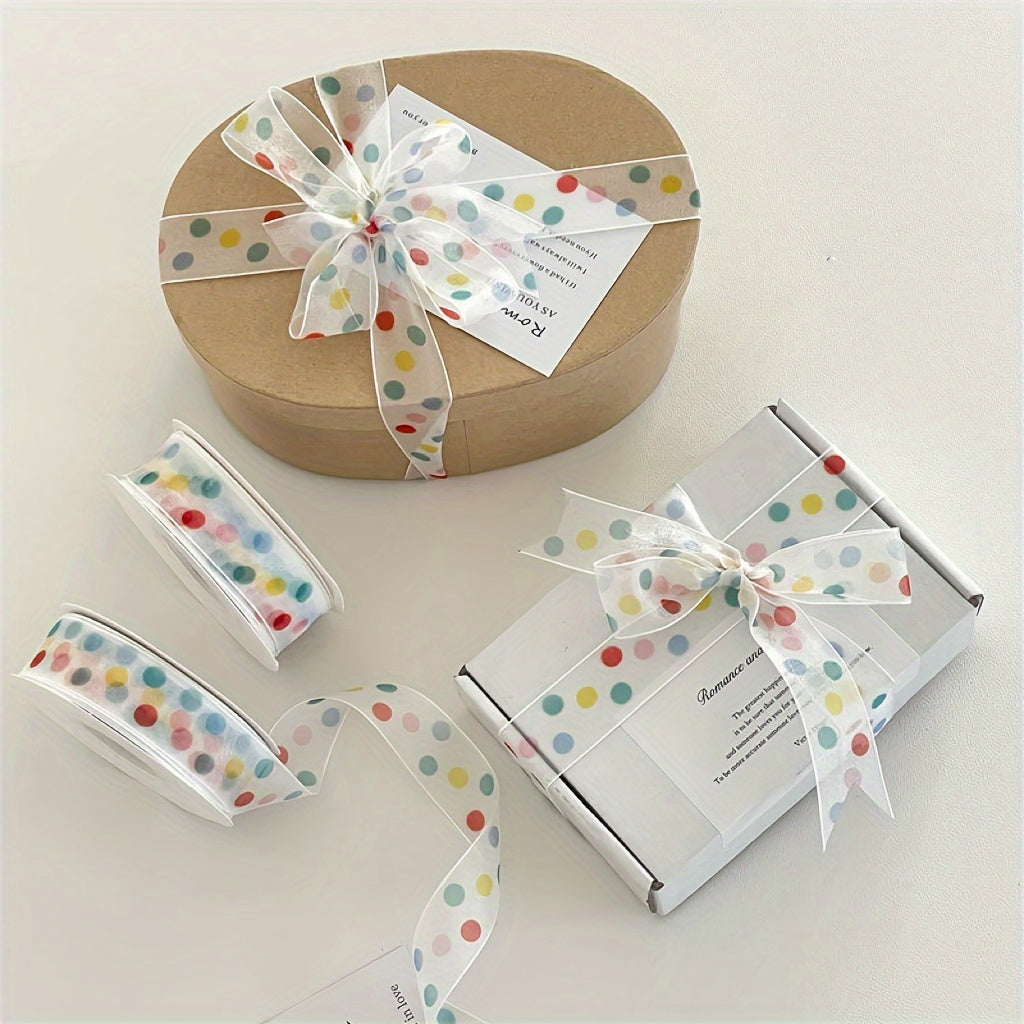 Bright polka dot satin ribbon for gifts and baking - perfect for holidays, birthdays, and any occasion.