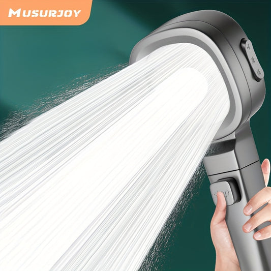 Musurjoy handheld shower head with 4 spray patterns and one touch water stop. Wall mount/insert design with round plastic body. Painted finish with power spray system, no electricity required. Perfect for bathroom or as a gift for Christmas or