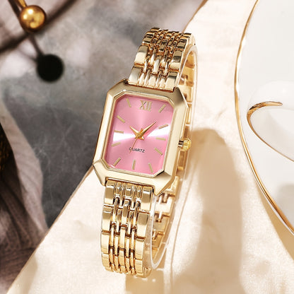 Chic women's quartz watch with elegant design, analog display, golden-tone rectangle case, stylish multi-color dial, shockproof alloy construction for daily wear and business casual.