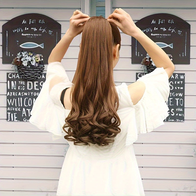 Stylish brown ponytail wig with ribbon tie made of high-temperature synthetic hair, perfect for all women.