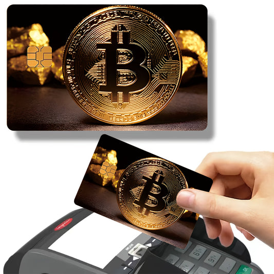 Bitcoin-themed credit card stickers with glossy finish and glitter embellishments; made of self-adhesive synthetic paper, waterproof for plastic surfaces. Sold in a 4-pack.