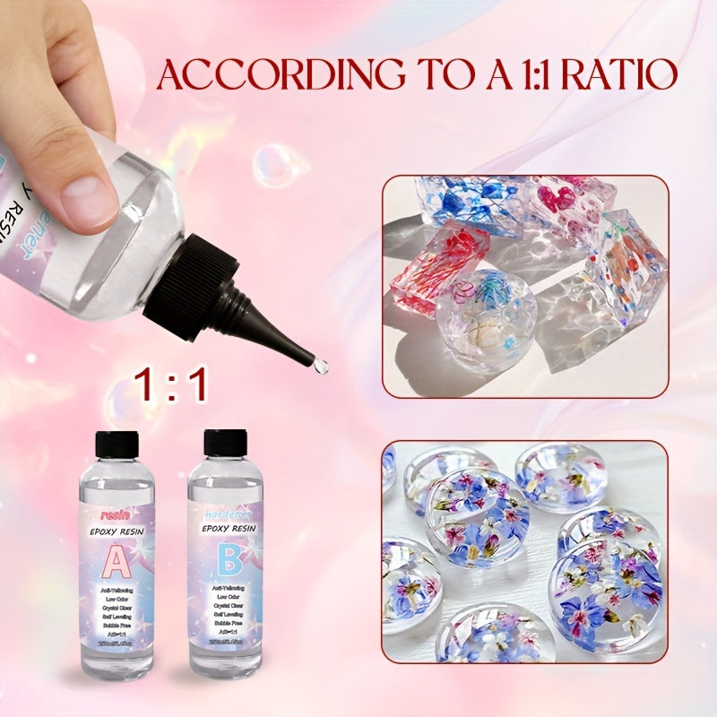 Epoxy resin kit with 1:1 mixing ratio, ideal for DIY projects like river tables. Transparent glue with anti-yellowing properties, high hardness, and bubble-free finish. Suitable for ages 14