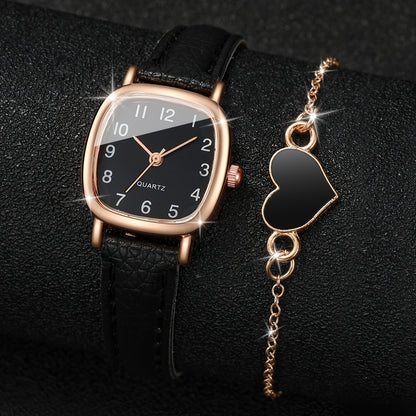 Women's fashion watch set with square dial, PU leather band, alloy case, and heart charm bracelet.