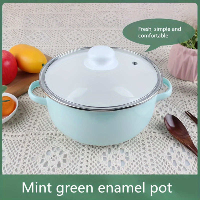 Enamel Stockpot with Lid, Double Handle, Thickened Design - Mint Green Soup Pot Available in 22/24cm Size