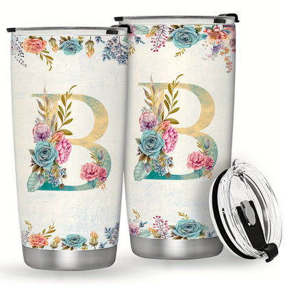 20oz Stainless Steel Tumbler with Initial Monogram, Floral Design, Leak Proof Lid, Perfect for Outdoor Activities, Great Gift for Holidays.