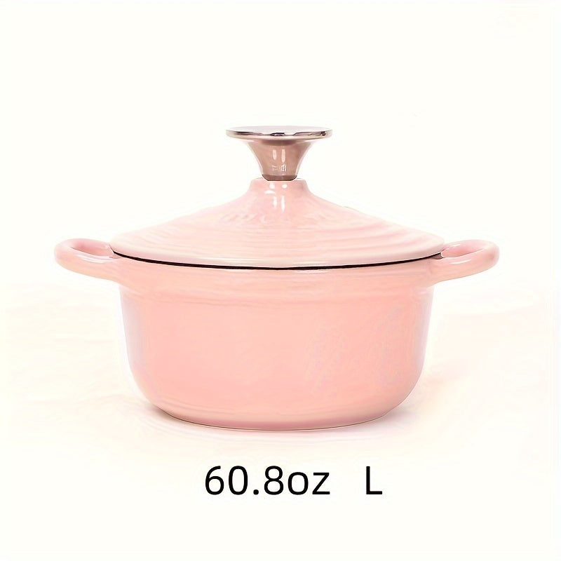 Enameled cast iron health pot, versatile for cooking rice and other dishes on induction, ceramic, electric, halogen, and gas cooktops. Comes in two sizes: 30.4oz and 60.8oz. Boasts enamel non-stick coating for easy cleaning.