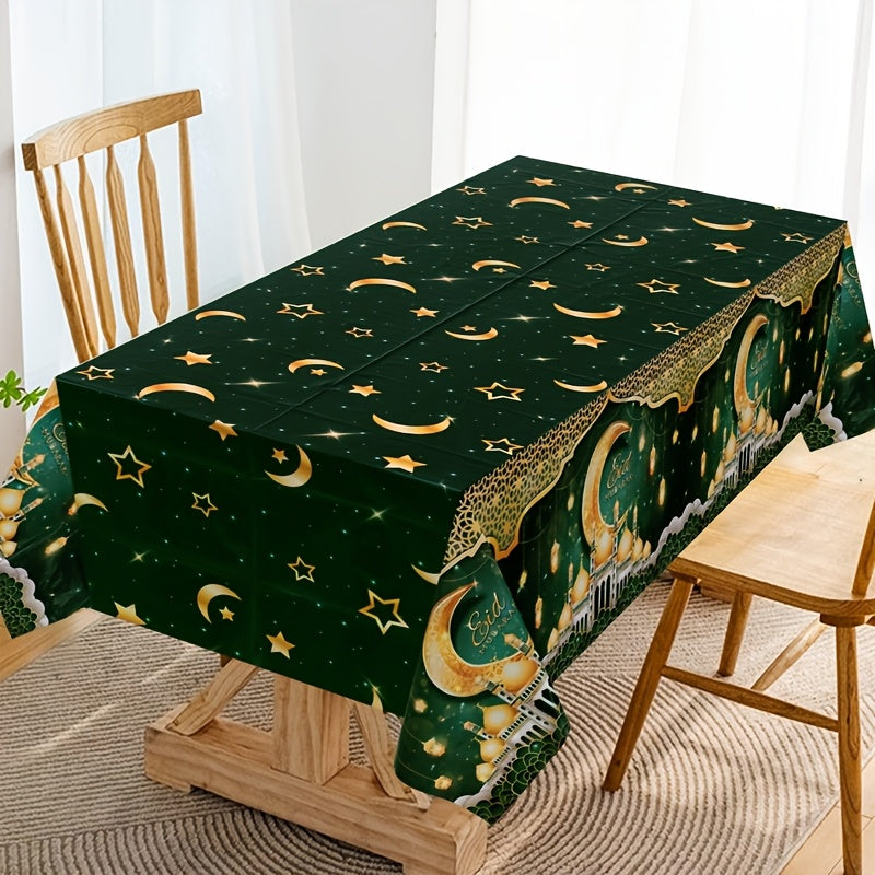 1pc Elegant Green & Golden Eid Mubarak Tablecloth - 130x220cm, featuring castle, moon, lantern & star design. Perfect for Ramadan & Eid celebrations, durable plastic machine-woven for