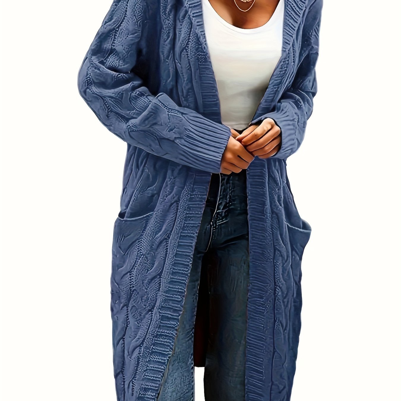 Casual hooded cardigan with cable knit pattern and front pockets, made of cozy acrylic for fall/winter. Machine washable and perfect for layering.