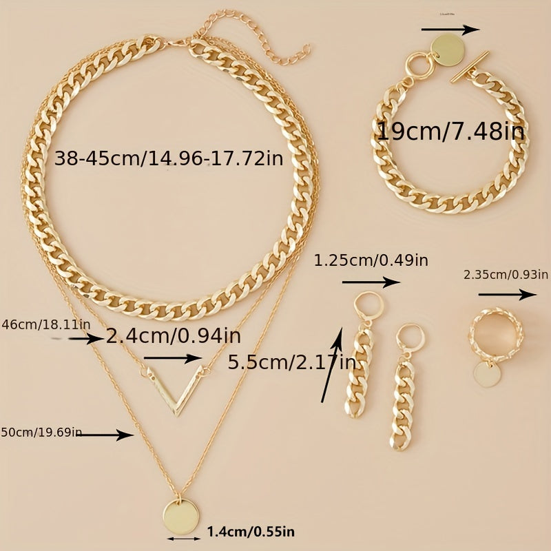 Choose your style with this trendy hip hop jewelry set featuring a 14k gold plated V shape pendant and chain design. The set includes 5 pieces - a necklace, bracelet, earrings, and ring. Available in golden or silvery tones, make your call now.