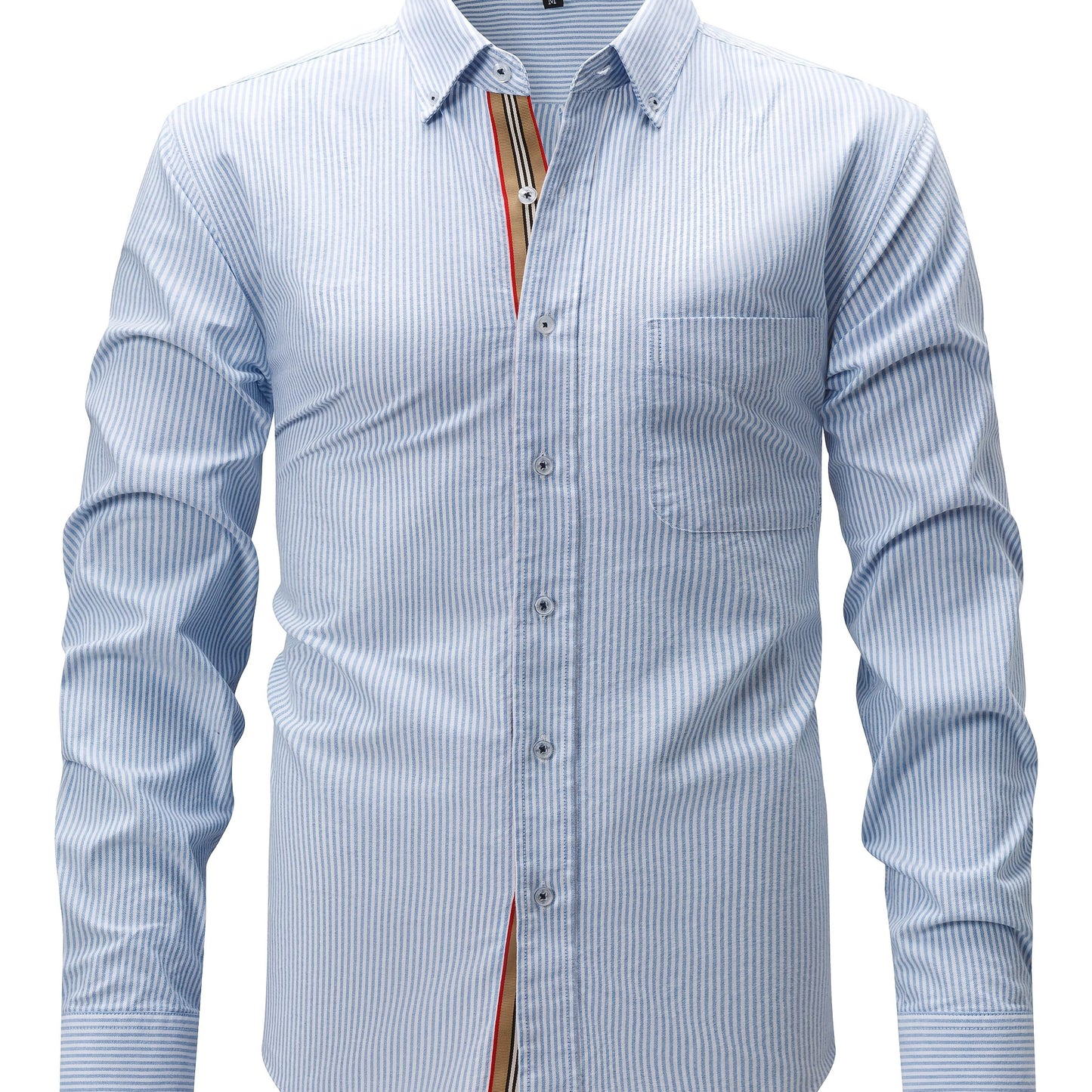 Vintage-inspired men's cotton oxford shirt with striped collar, long sleeves, and chest pocket. Non-stretch, button-up style perfect for fall 2024. Luxury plaid design, versatile for men.